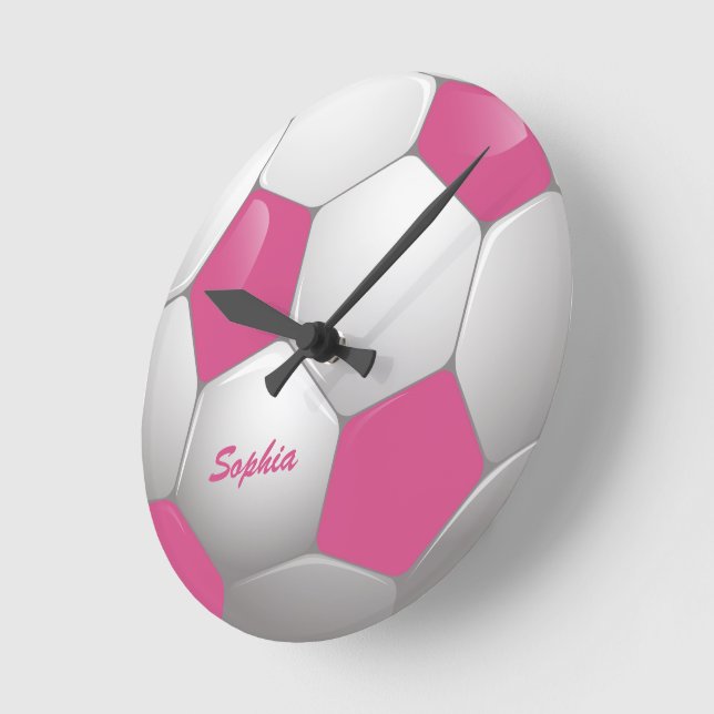 Relógio Redondo Rosa customizável e branco da bola de futebol do (Ângulo)