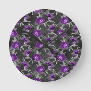 Relógio Redondo Rosa de Prata Elegante Roxo Preto deixa Jardim