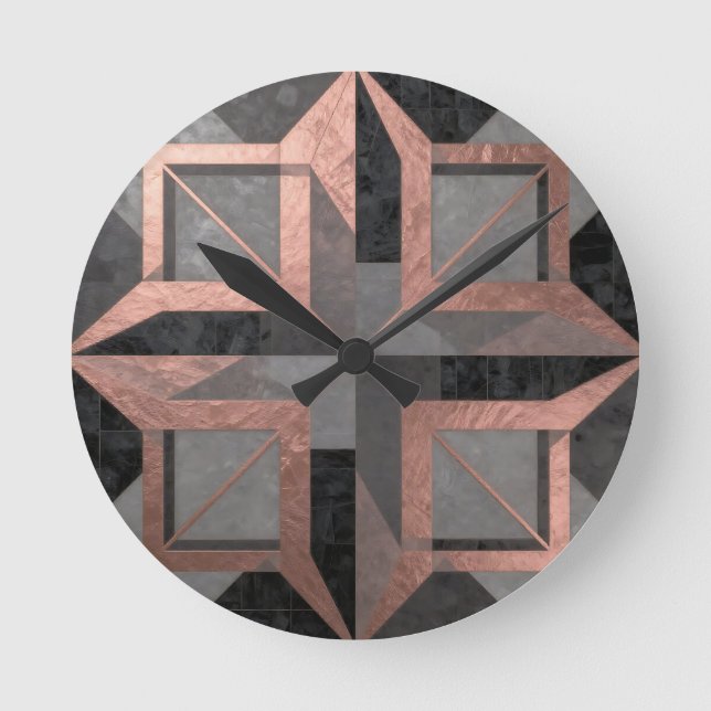 Relógio Redondo Rosa Dourado Preto Mármore Geométrico (Frente)
