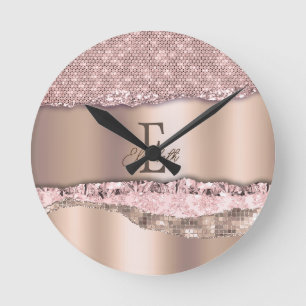 Relógio Redondo Rosa Dourado Tendência Diamantes Brilho Monograma