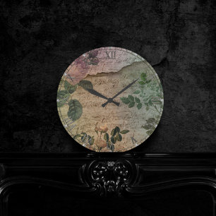 Relógio Redondo Rosa Steampunk   Vintage Grunge Torn Paper