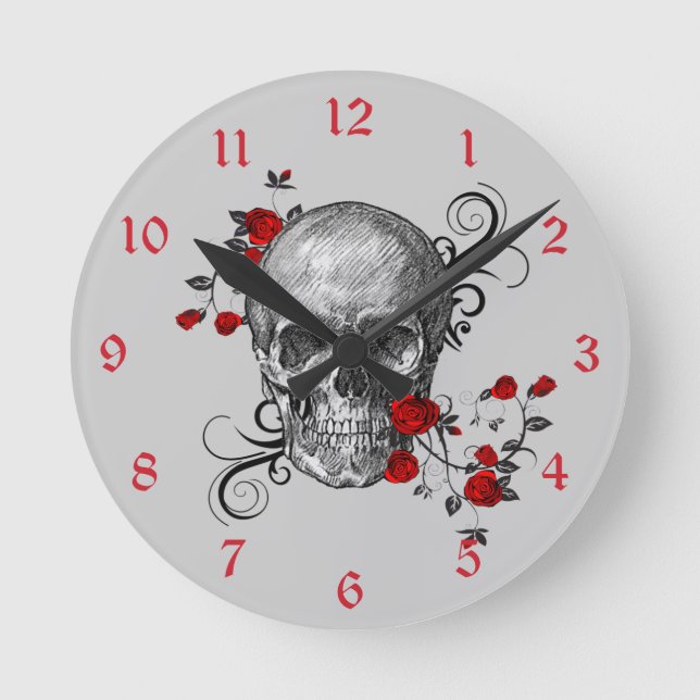 Relógio Redondo rosa vermelha Skull Wall Clock (Frente)