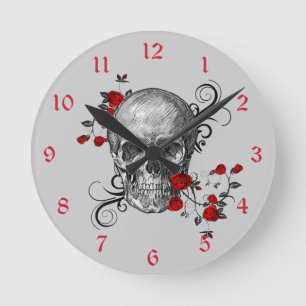 Relógio Redondo rosa vermelha Skull Wall Clock