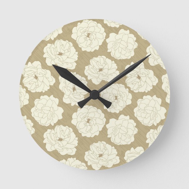 Relógio Redondo Rosas de creme no bege do Ouro - padrão perfeito. (Frente)