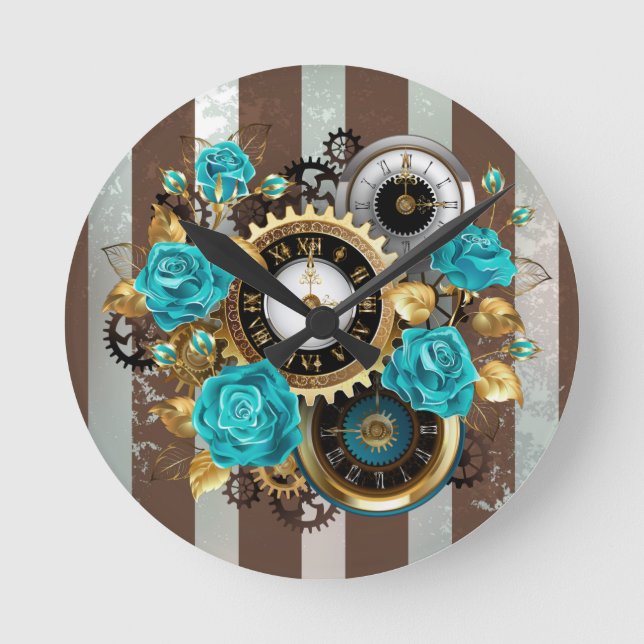 Relógio Redondo Rosas de toucador e de turquesa em tiras (Frente)