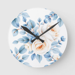 Relógio Redondo Rosas Pêssego Padrão de Eucalipto Azul Poeirento