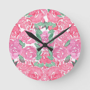 Relógio Redondo Rosas Românticas em Aquarela Padrão Floral Rosa Ve