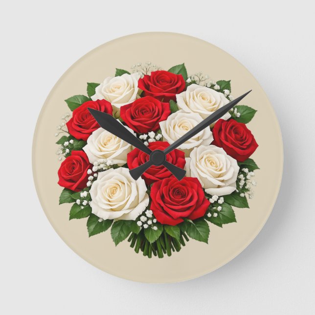 Relógio Redondo Rosas vermelhas e brancas (Frente)