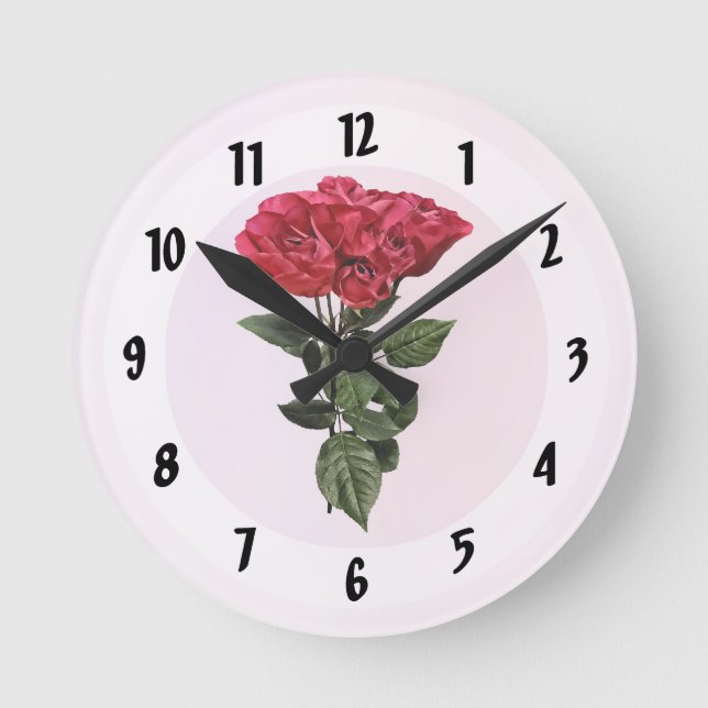 Relógio Redondo Rosas Vermelhas e Folhas (Frente)