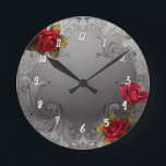 Relógio Redondo Rosas vermelhas Ricos de Vintage Ornamental<br><div class="desc">Personalizar com qualquer texto.</div>