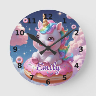 Relógio Redondo Rosquinha Unicorn Wall Clock - Nome Editável