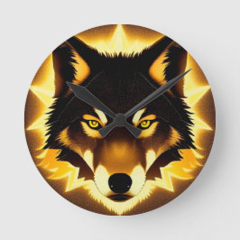 Relógio Redondo Rosto de Lobo Radiante Iluminado por Luz Dourada