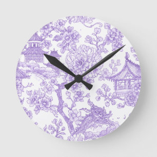 Relógio Redondo Roxo Chinoiserie Toile Dragão Flor de Cerejeira