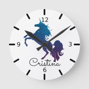 Relógio Redondo Roxo Personalizado e Unicórnio Azul