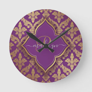 Relógio Redondo Roxo Real Ouro Padrão Damasko Fleur Monograma