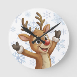 Relógio Redondo Rudolph com Flocos de Neve Azuis
