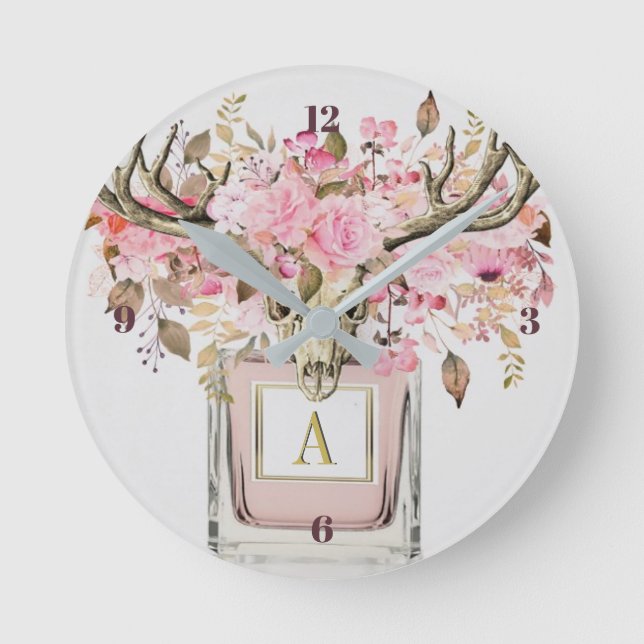 Relógio Redondo Rustic Boho Bull Crânio Monograma Floral Chic (Frente)