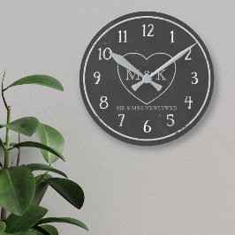 Relógio Redondo Rustic Chalkboard Heart Mr & Mrs. Clock Casal