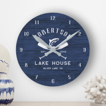 Rustic Lake House Nome da Família Blue Wood Clock