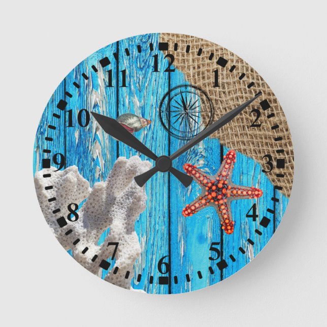 Relógio Redondo Rustic Nautical Blue Wood Burlap Starfish (Frente)