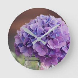 Relógio Redondo Rústica Hídrangea Roxa em Mason Jar Fotografia