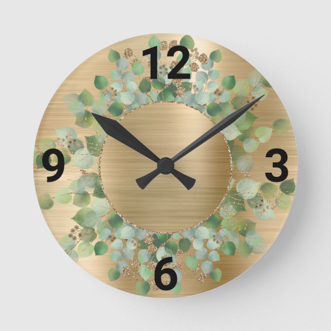 RELÓGIO REDONDO SAGE GREEN BOTANICAL DOURADO WALL CLOCK (Frente)