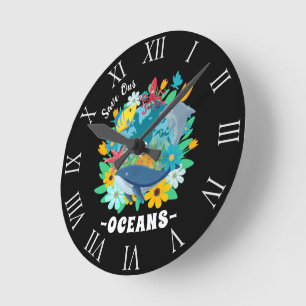 Relógio Redondo Salve nossos oceanos Flor Baleia Design Colorido T