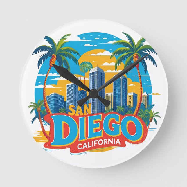 Relógio Redondo San Diego California Skyline–Modern Cityscape Art (Frente)