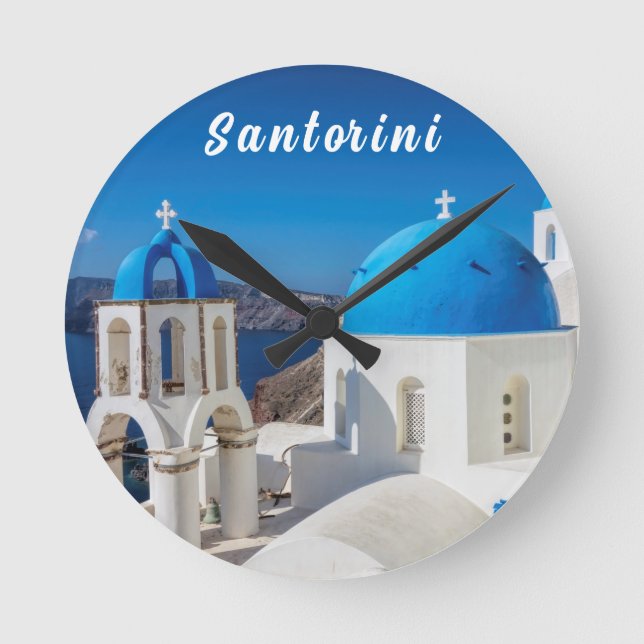 Relógio Redondo Santorini com igreja azul e branca (Frente)