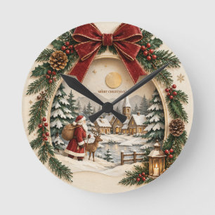 Relógio Redondo Saudação de Natal Pastel, Papai Noel e neve
