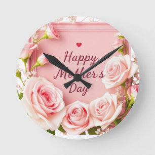 Relógio Redondo Saudação do Dia das Mães Rosa Elegante
