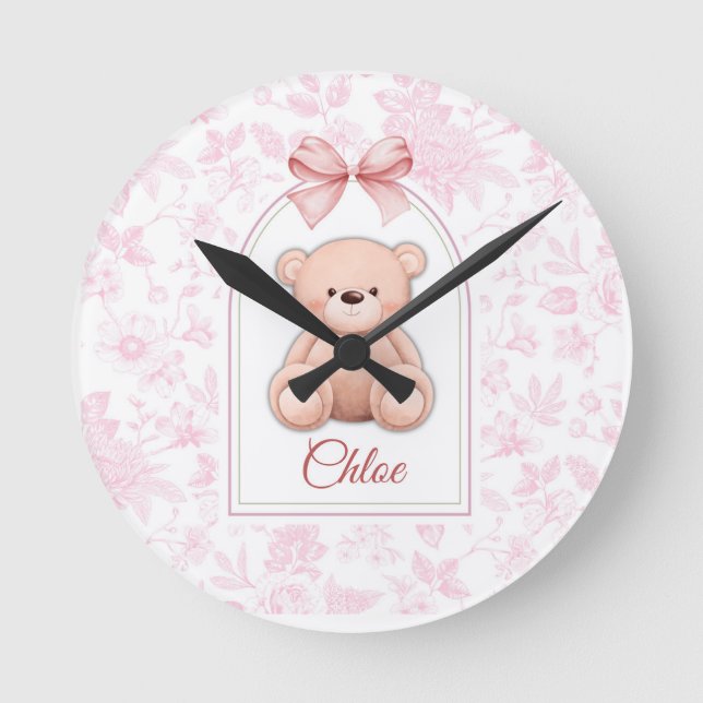 Relógio Redondo Scarlett | Design de Enfermeiro de Urso Rosa Perso (Frente)