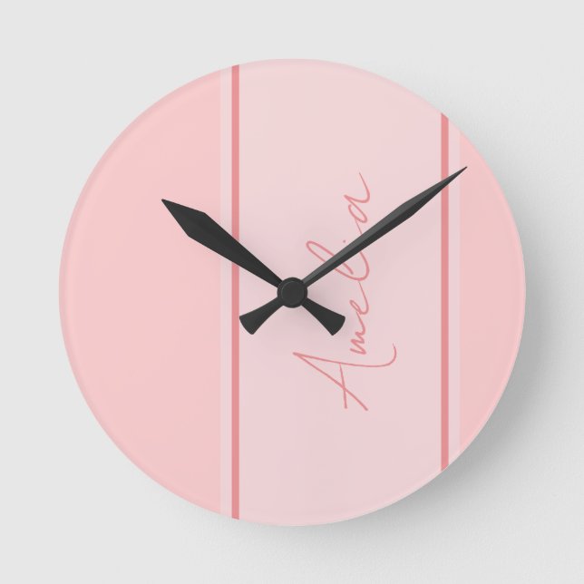 Relógio Redondo Script Rosa Personalizado Mínimo (Frente)