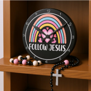 Relógio Redondo Seguir Jesus Arco-íris Com Corações Gráfico