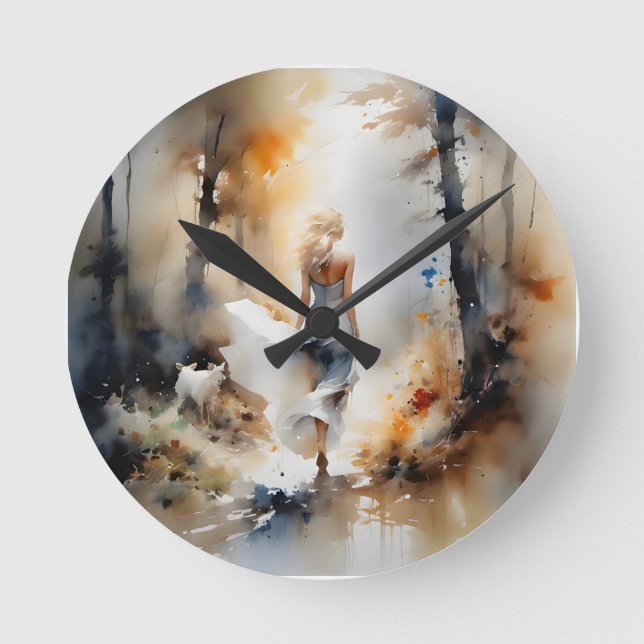Relógio Redondo Senhora Caminhando Através De Uma Floresta (Frente)