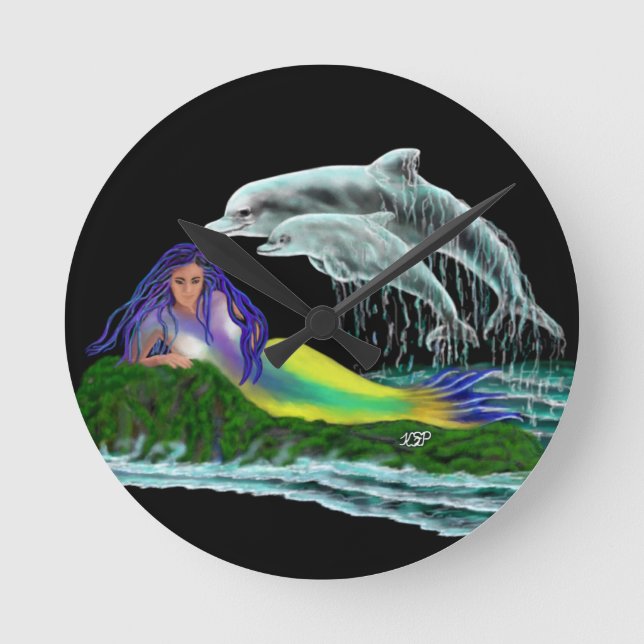 Relógio Redondo Sereia com golfinhos (Frente)