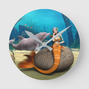 Relógio Redondo Sereia Triste e Golfinho