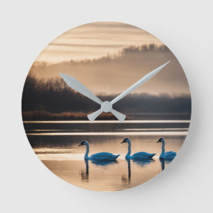 Relógio Redondo 🌿 Serenidade dos Cisnes - lago Abstrato Minimalis