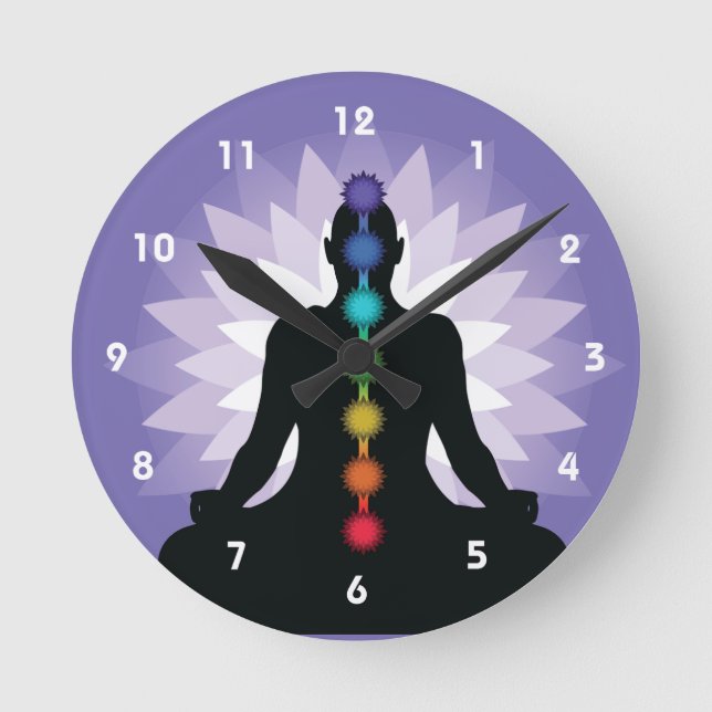 Relógio Redondo Sete Chakras Yoga Position Design Wall Clock (Frente)