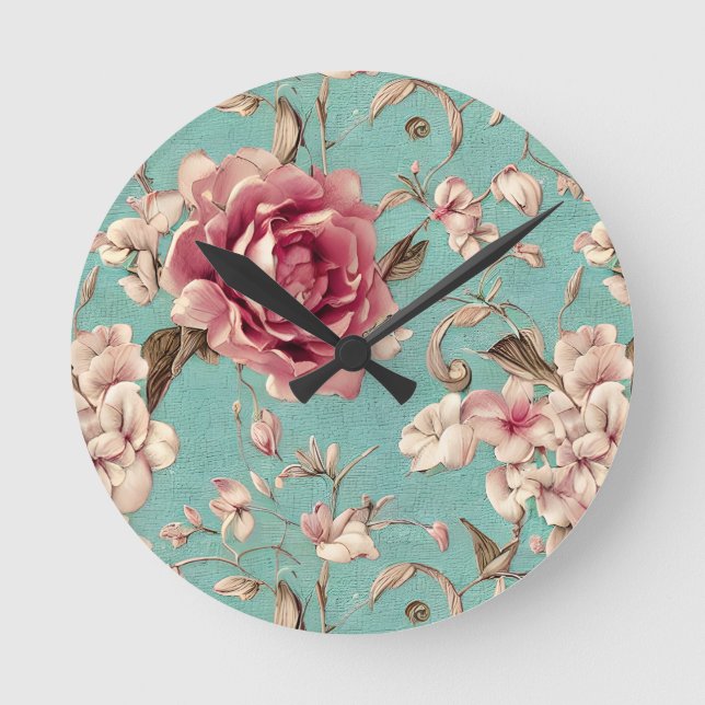 Relógio Redondo Shabby Chic Pink and White Florals on Teal (Frente)