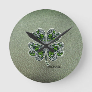 Relógio Redondo Shamrock Colover  Dia de São Patrício Verde Couro 