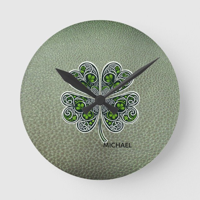 Relógio Redondo Shamrock Colover  Dia de São Patrício Verde Couro  (Frente)
