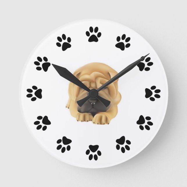 Relógio Redondo Shar Pei Paw Print Wall Clock (Frente)