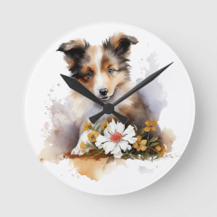 Relógio Redondo Shetland Sheepdog Puppy Pet Watercolor Fllower