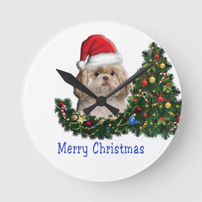 Relógio Redondo Shih tzu Christmas (Frente)