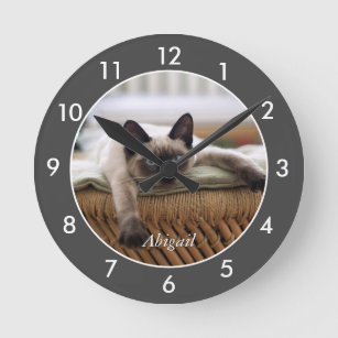 Relógio Redondo Siamese Kitten Personalizado   Gato Grande