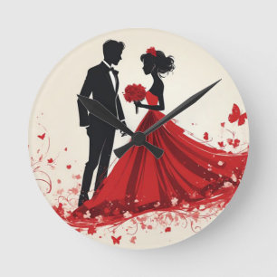 Relógio Redondo Silhueta de Casamento Vermelho Romântico da Noiva 