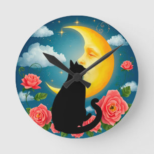 Relógio Redondo Silhueta de gato sentado diante da lua