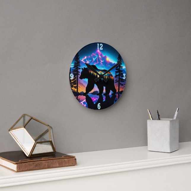 Relógio Redondo Silhueta de Urso Mostrando Paisagem Natural (Escritório)
