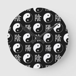 Relógio Redondo Símbolo Black Yinyang - Padrão de Texto Chinês